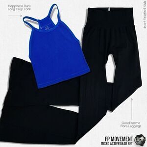 FP MOVEMENT SET: HAPPINESS RUNS LONG CROP + GOOD KARMA FLARE LEGGINGS BLUE/BLACK